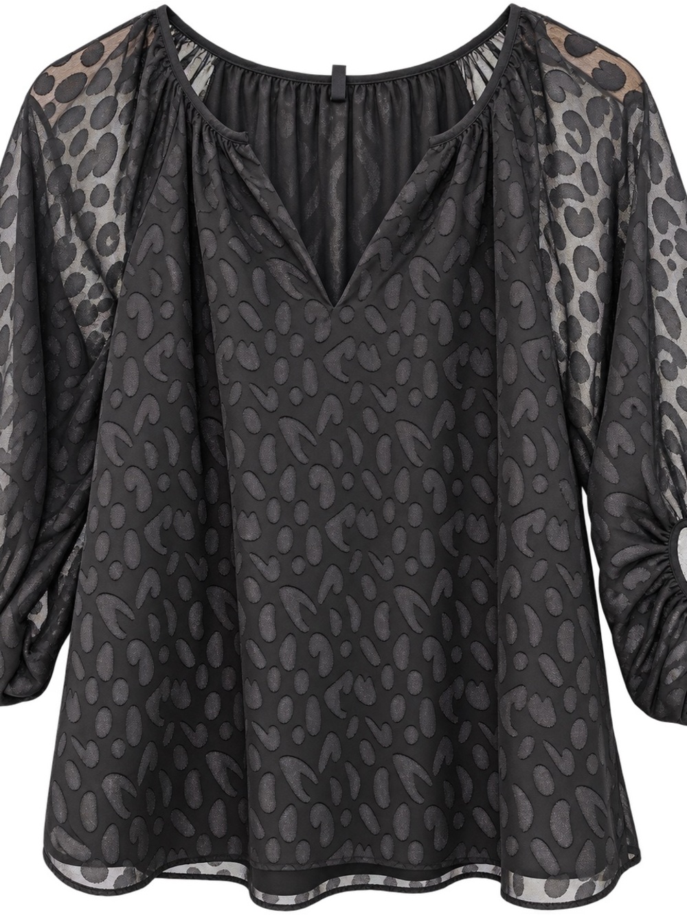 White House Black Market Black Sheer Leopard-Jacquard V-Neck Blouse